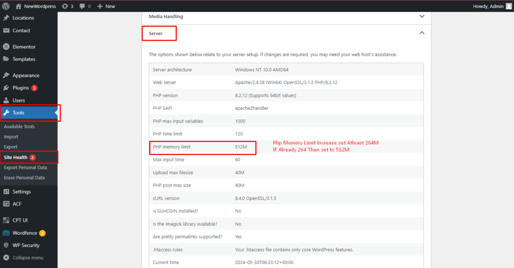 افزایش محدودیت حافظه php برای رفع مشکل لود نشدن المنتور